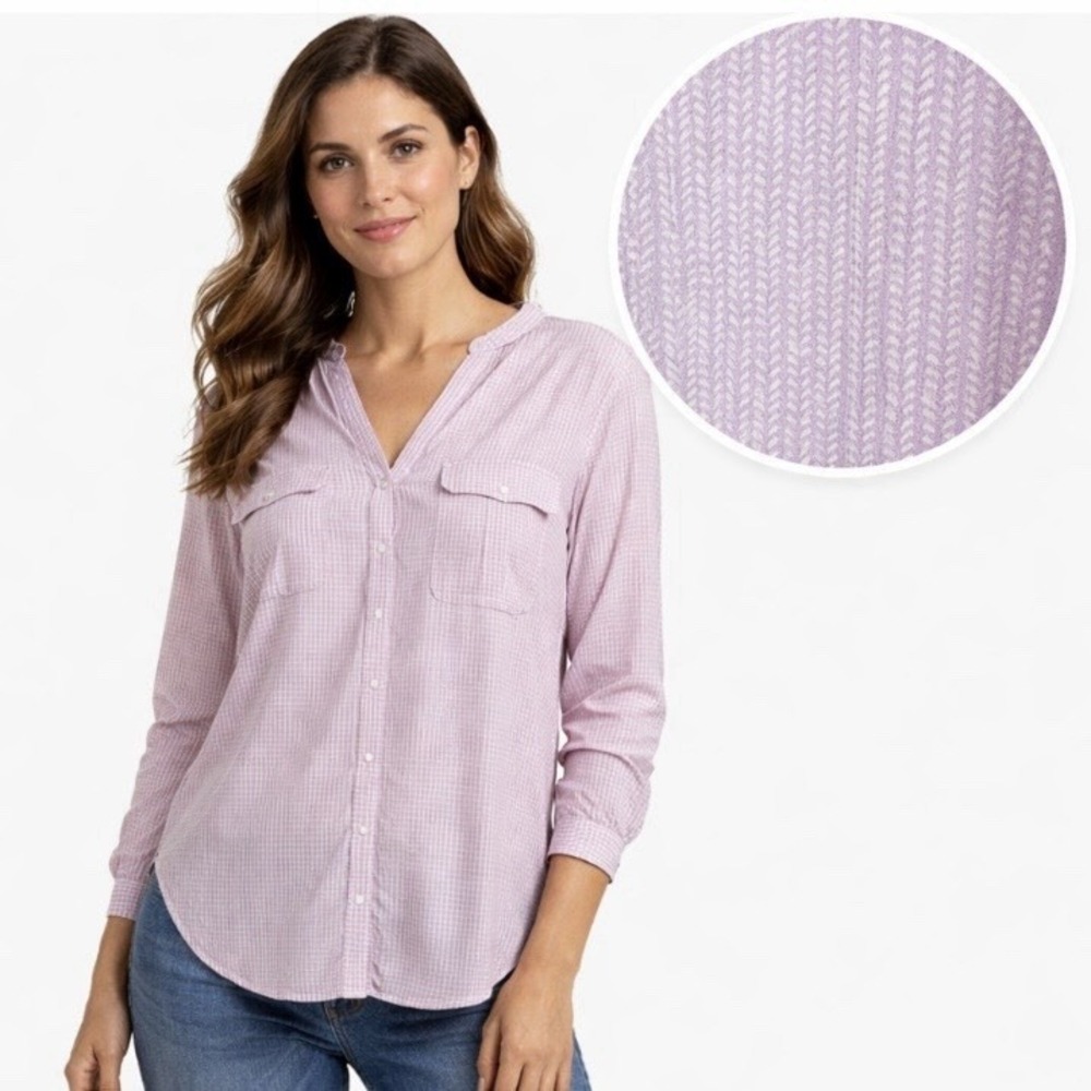 LL Bean Lavender Herringbone Organic Cotton Button Up Hi Low Shirt Size XL